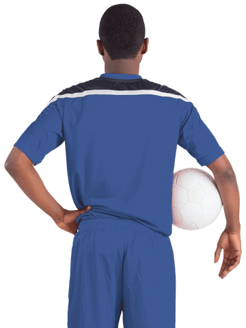 Soccer Player in Blue Kit Holding Ball Back Posed Transparent Background