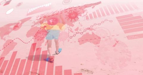 Child wearing flippers walking on beach overlaid with global data charts and infographics