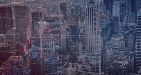 Cityscape Overlaid with Financial Data and Graphs
