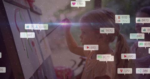 Two Girls Painting with Social Media Engagement Icons Overlay