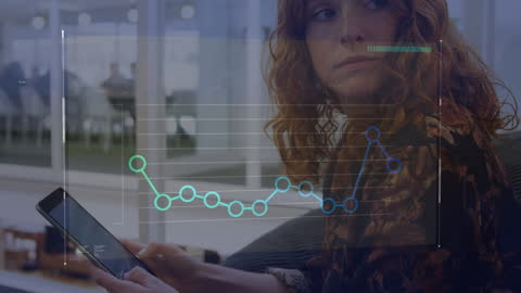 Woman Analyzing Data with Digital Interface Overlay