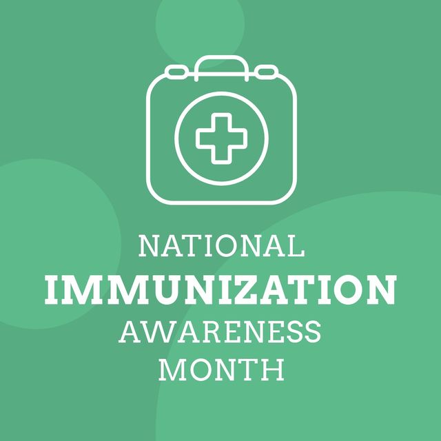 Illustration of national immunization awareness month text and first aid kit on green background. copy space, vector, vaccination, immune system, healthcare, awareness and prevention concept.