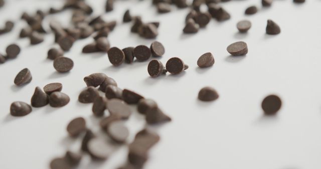 Close-up view of dark chocolate chips scattered on a white background. Perfect for depicting dessert ingredients, food preparation, cooking, baking themes, or minimalist photography.