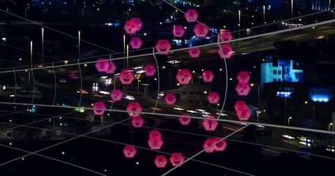 Neon network overlay connecting smart highway interchange night traffic floating hex glyphs