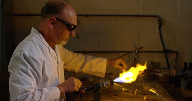 Mature Craftsman Glassblowing in Industrial Workshop - Download Free Stock Images Pikwizard.com