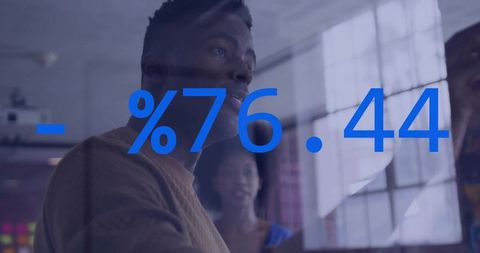 Creative team analyzing data on glass wall with bold percentage overlay for planning now