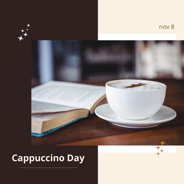 Frothy drink served by book on table with cappuccino day text in frame, copy space. Digital composite, drink, celebration, holiday, benefits and significance of coffee concept.