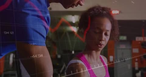 Trainer Guiding Client in Gym with Digital Fitness Analytics Overlay