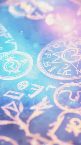 Vertical video: glowing rune-etched coins drifting on neon plane with luminous orbs