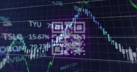 Stock Market Charts and QR Code Hologram Over Grid Screen