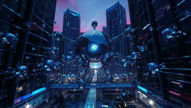 Futuristic spherical drone hovering over neon cityscape