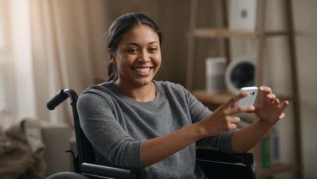 Smiling woman in wheelchair using smartphone at home, showing independence and accessibility