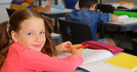 Caucasian Schoolgirl Smiling in Classroom Learning Environment - Download Free Stock Images Pikwizard.com