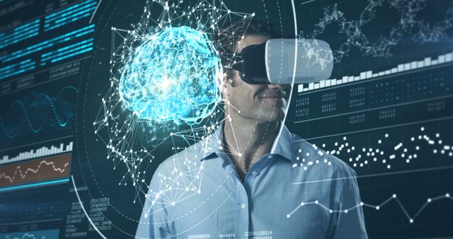 Man wearing virtual reality headset with digital brain hologram and data charts in background. Useful for themes related to technology, future innovations, scientific research, data visualization, and virtual experiences.