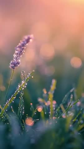 Vertical macro video capturing lavender stalk leaning through dew with warm sunlit bokeh