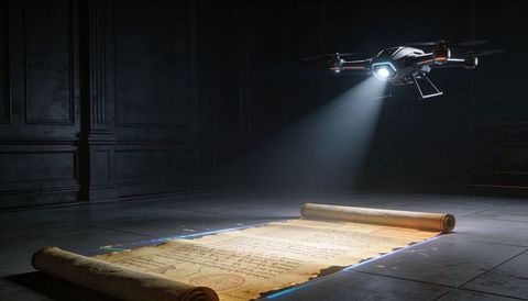 Drone spotlight revealing ancient parchment scroll with holographic projection