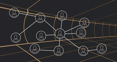 Connecting central avatar network in futuristic tunnel with golden grid vanishing point