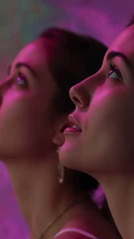 Vertical video capturing two friends gazing upward in neon lounge with pearl earrings