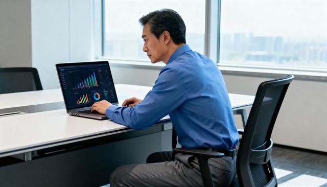 Asian businessman analyzing financial dashboard on laptop in modern boardroom with skyline