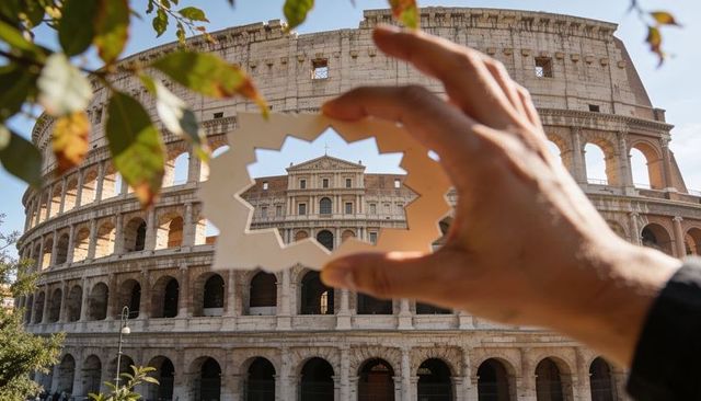 Hand holding star-shaped cutout framing colosseum arches in rome sunlit tourist view
