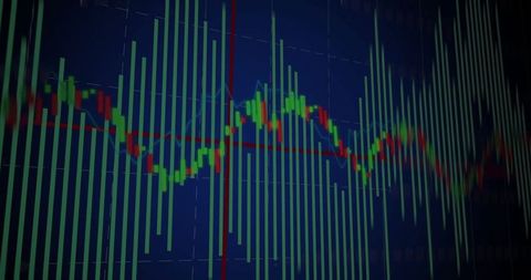 Abstract financial chart with dynamic green bars and red line