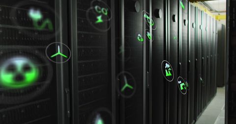 Sustainable Data Processing: Eco Icons Over Computer Servers - Download Free Stock Images Pikwizard.com