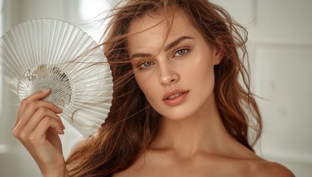 Model holding white folding fan with windblown hair, strapless elegance beauty portrait