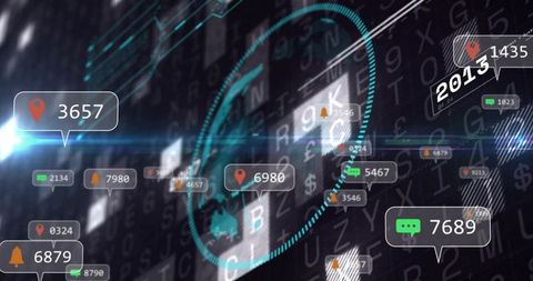 Global Data Network HUD with Rotating Globe, Geolocation Pins and Real-Time Analytics