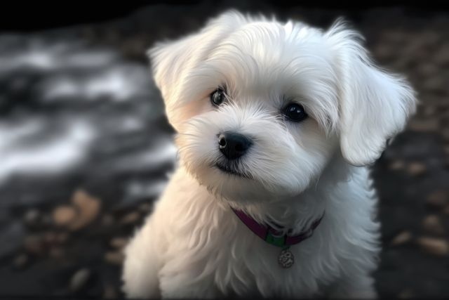 Captures a small white fluffy puppy with a curious expression outdoors, featuring its bright eyes and soft fur. Ideal for content related to pets, animal companions, dog breeds, outdoor adventures, and promotional material for pet products or services. Suitable for use in blogs, social media posts, advertisements, and educational materials about dog care and behavior.
