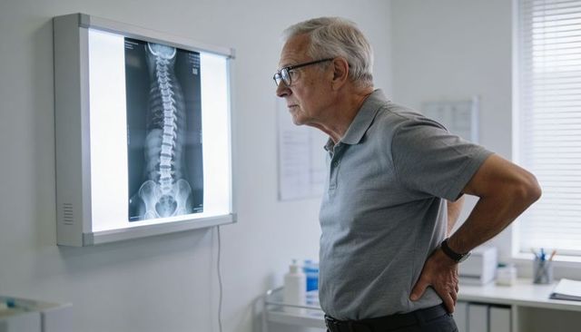 Senior man examining spinal x-ray while holding lower back in modern medical clinic