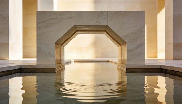 Marble octagonal arch framing reflecting pool with concentric ripples and calm golden light