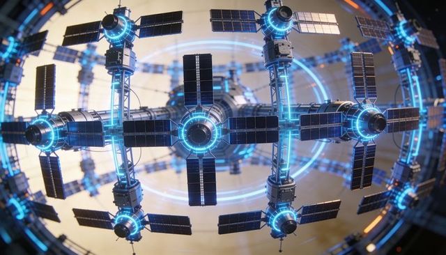Futuristic orbital ring station with solar hub arrays glowing blue energy rings over planet