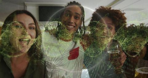 Friends Enjoying Night Out with Digital World Overlay