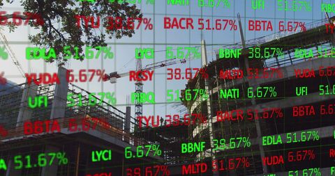 Financial Data Overlay on Active Construction Site Reflecting Market Trends - Download Free Stock Images Pikwizard.com