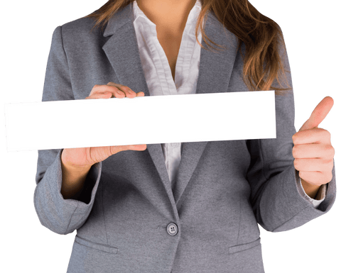 Businesswoman Holding Blank White Card with Thumbs Up on Transparent Background