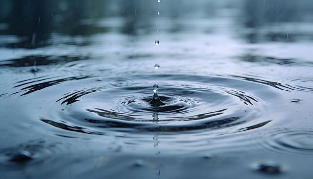 Single water droplet forming crown splash and concentric ripples on reflective pond