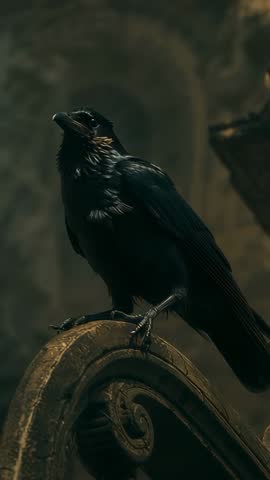 Perching raven tilting head on carved Gothic scroll, calling in vertical cinematic clip