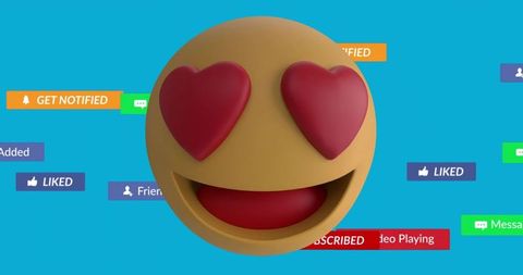 Giant heart-eyes emoji floating over social media notification badges on cyan background