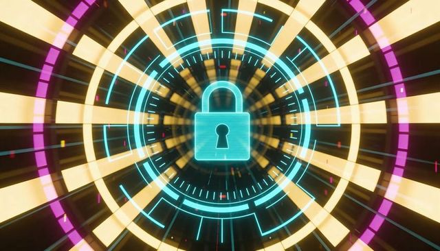 Futuristic neon cybersecurity lock hud with rotating radial interface and encryption