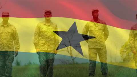 Ghana Flag Overlapped on Multiracial Soldiers Showing Veteran Solidarity
