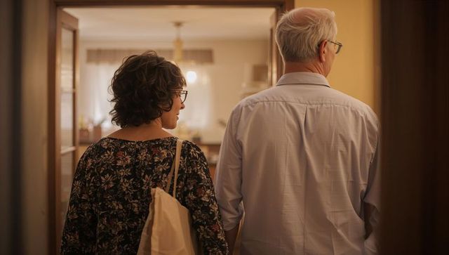 Older couple walking into warm living room carrying canvas tote, intimate home arrival