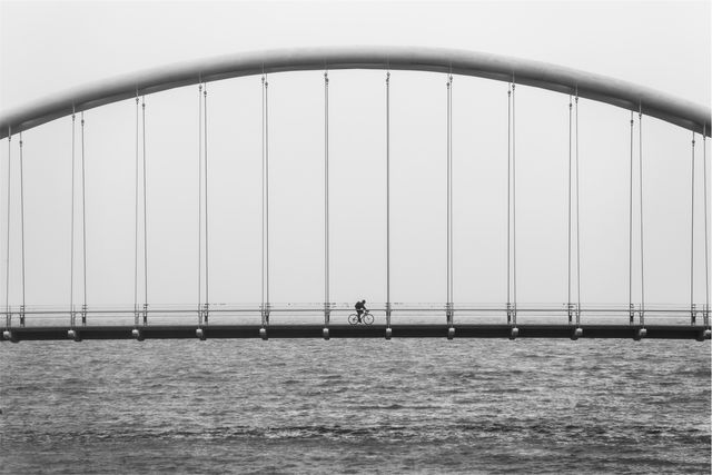 A lone cyclist crossing a modern curved bridge over a calm river in foggy weather. The black and white composition emphasizes the simplicity and peacefulness of the scene. Perfect for urban planning presentations, transportation themes, fitness and wellness content, or any project focusing on modern architecture and minimalism.