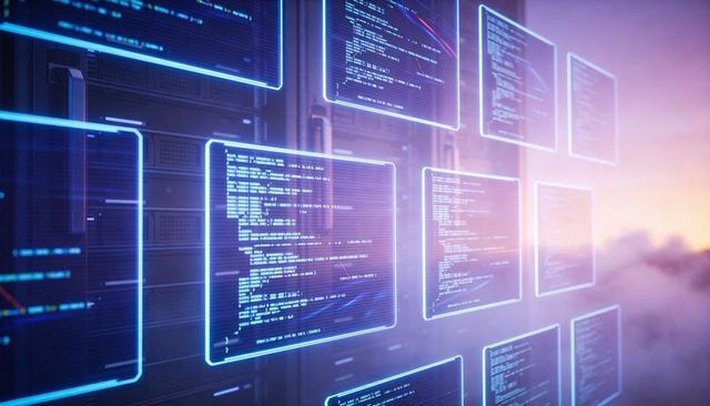 Floating holographic code panels over data center servers for futuristic cloud platforms