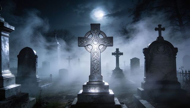 Standing celtic cross under full moon, swirling fog in moonlit cemetery at night