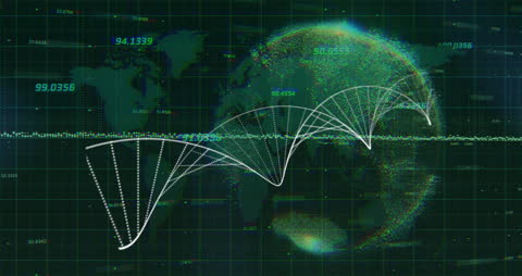 DNA Strand with Digital Globe in Technological Grid