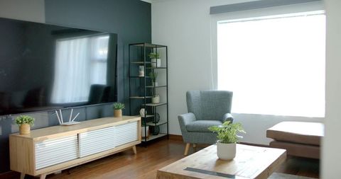 Minimal scandinavian living room featuring flat-screen tv, wooden console, indoor plants