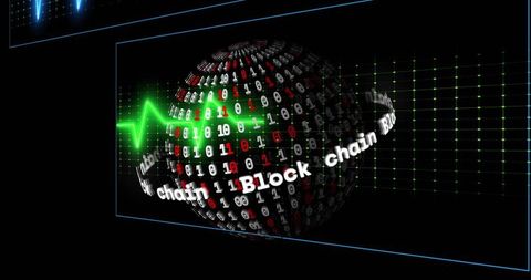 Rotating neon blockchain globe displaying binary data in cyberpunk hud visualization