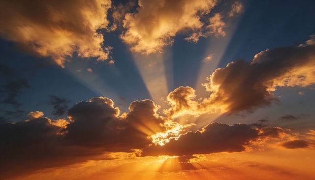 Sunrise crepuscular rays breaking through glowing cumulus clouds over amber-blue sky