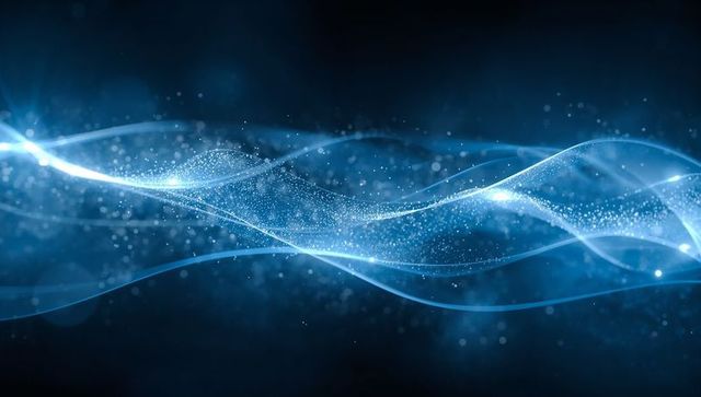 Flowing blue energy ribbons with particle field, glowing abstract wave for technology