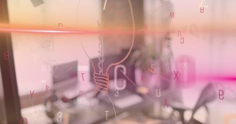 Glass partition showing lightbulb sketch and floating pink letters in coworking space